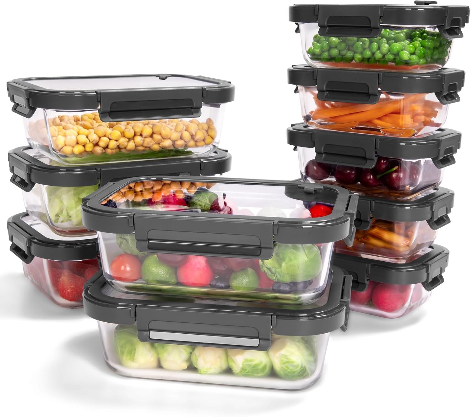 10-Pack Glass Food Containers with Grey Lids