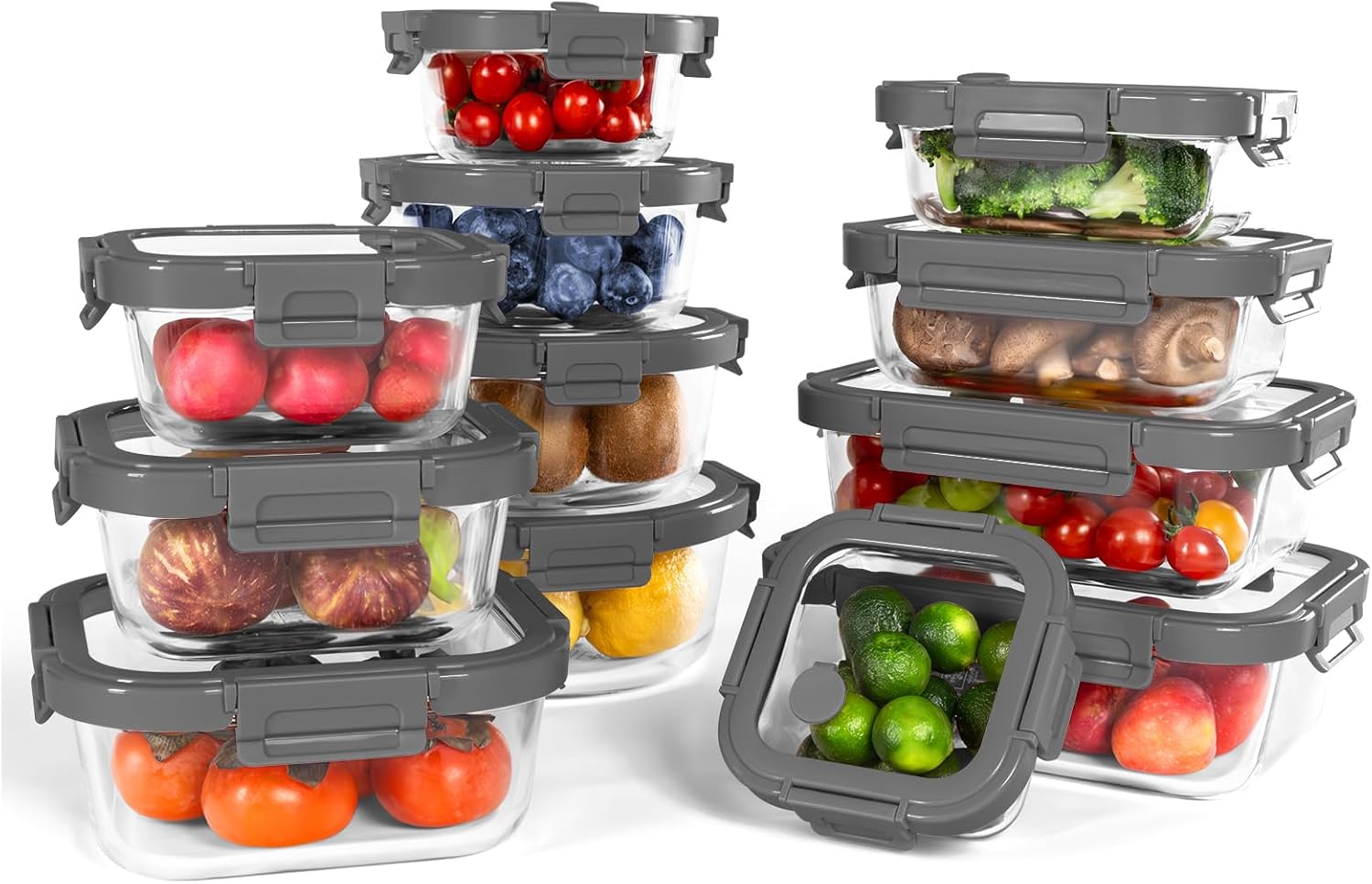 10 Pack Borosilicate Glass Food Storage Containers with Tempered Glass Lids, Grey