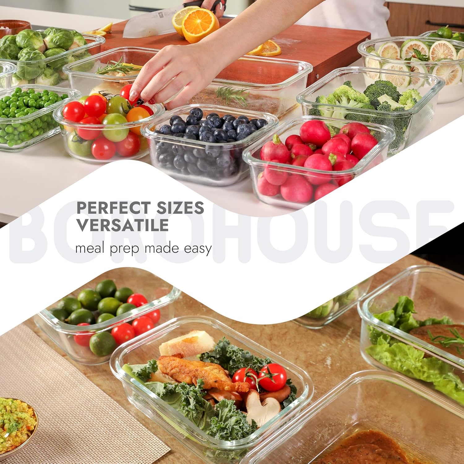 10 Pack Borosilicate Glass Food Storage Containers with Tempered Glass Lids, Grey