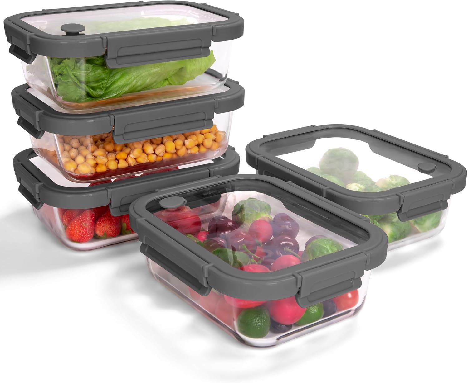 10 Pack Borosilicate Glass Food Storage Containers with Tempered Glass Lids, Grey