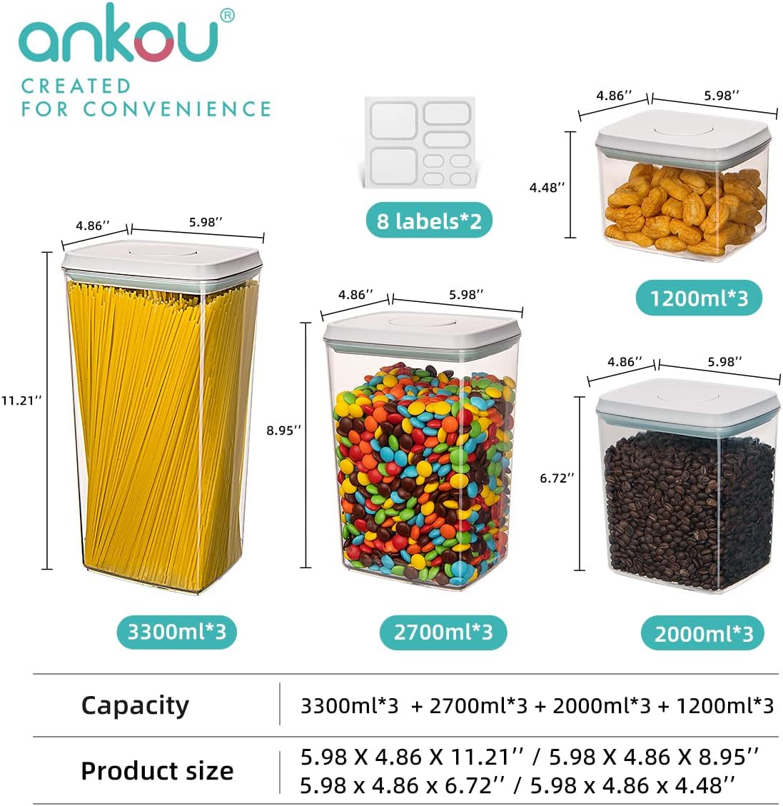 12 Piece Airtight Food Storage Containers, Stackable, 1.2 to 3.3 qt