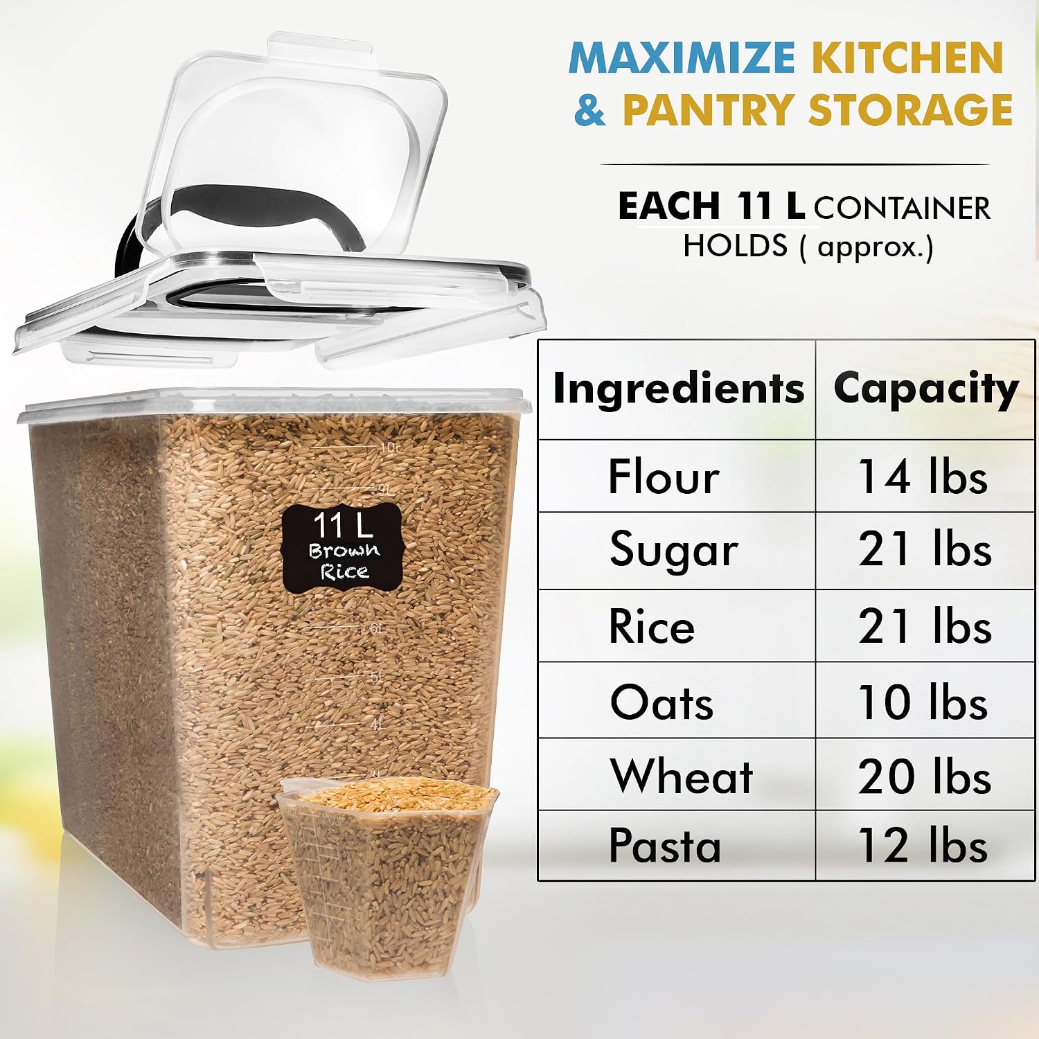 2 Piece Flour and Sugar Storage Containers with Spout Lid and Handle, 11 L