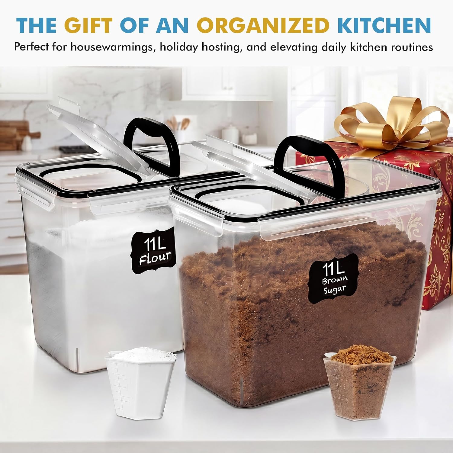 2 Piece Flour and Sugar Storage Containers with Spout Lid and Handle, 11 L