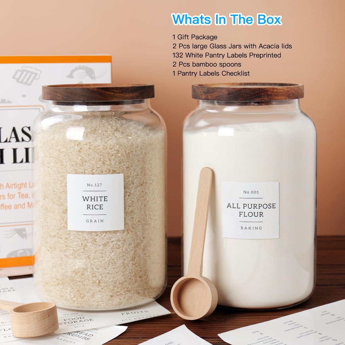 2 Piece Large Glass Jars with Airtight Lids, 1 Gallon, 4000 ml