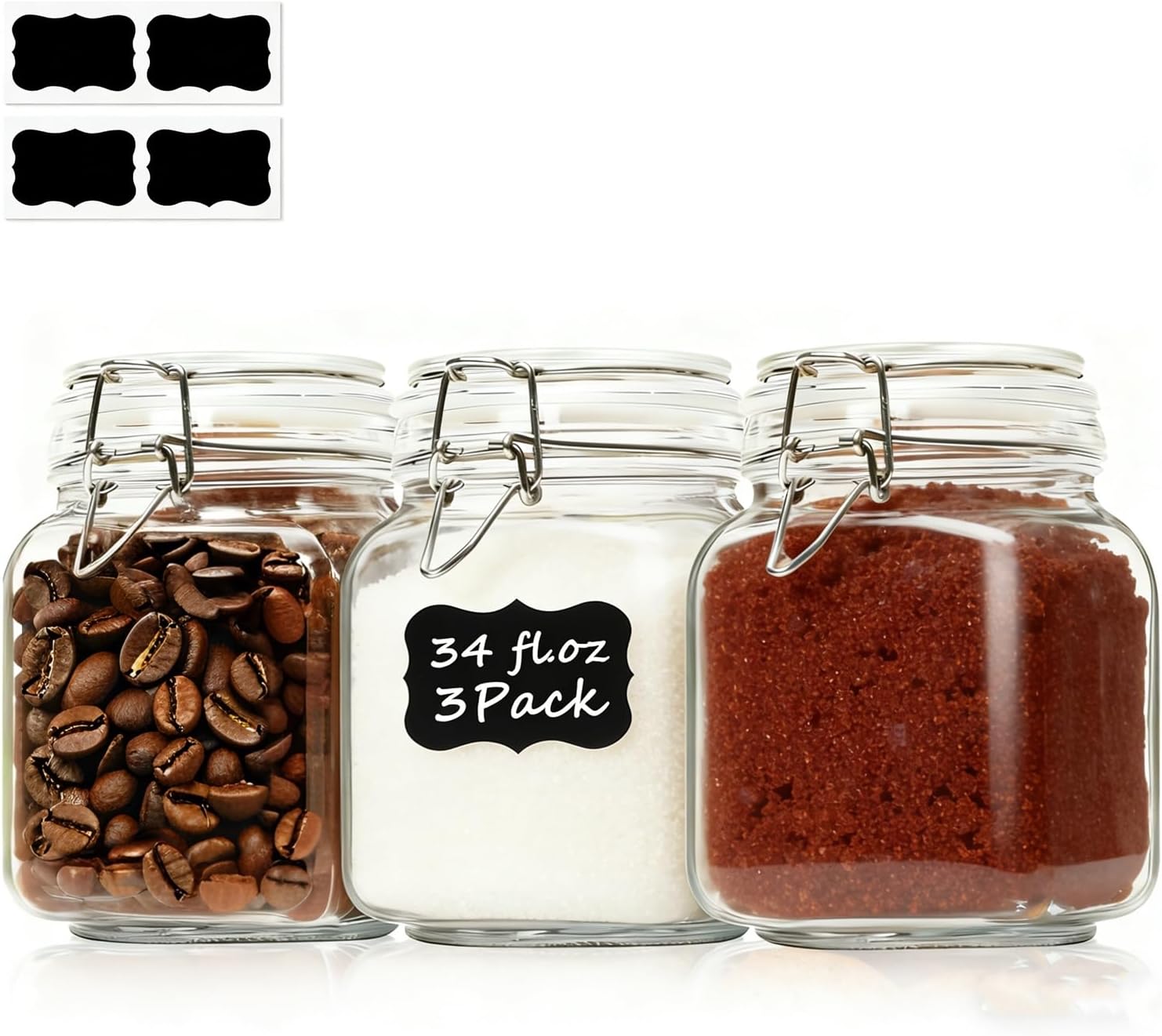 3 Pack Large Square Glass Jars with Airtight Lids, 78 oz, Wide Mouth