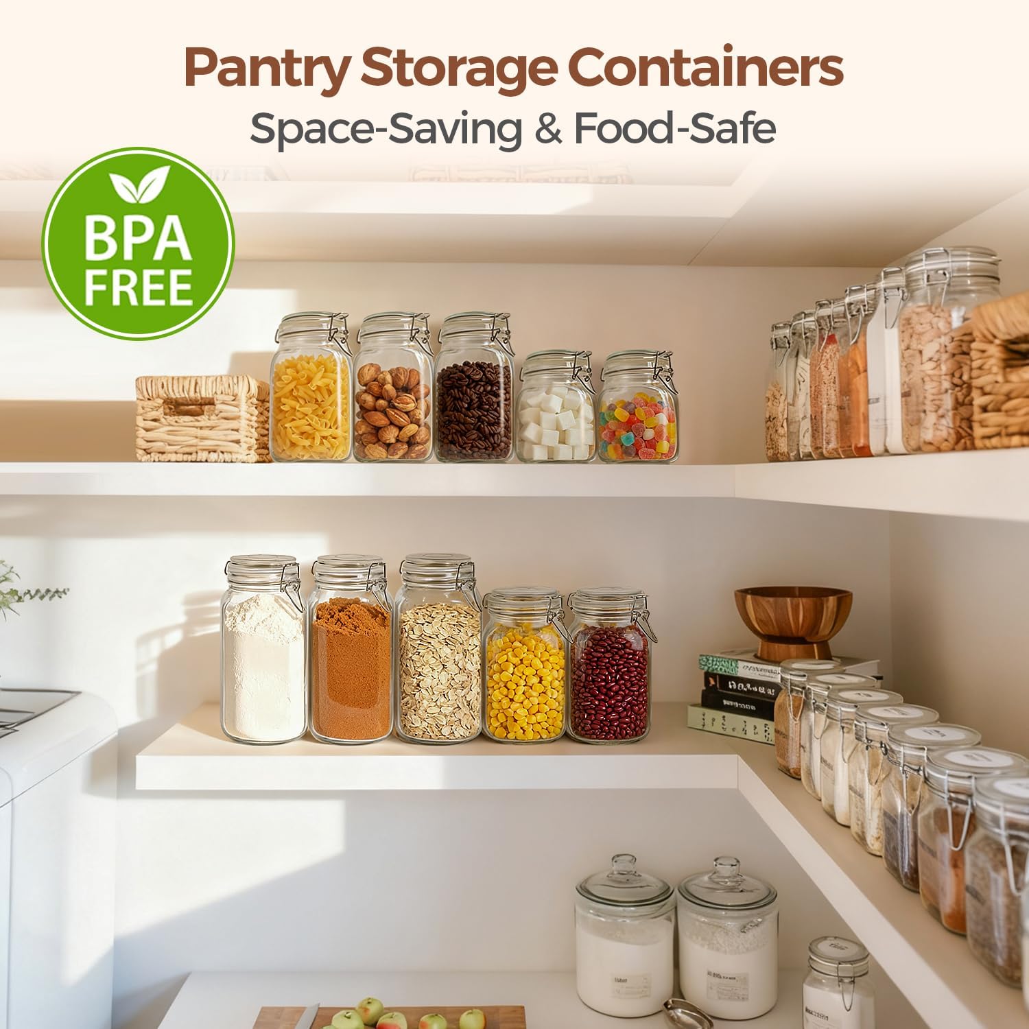 3 Pack Large Square Glass Jars with Airtight Lids, 78 oz, Wide Mouth