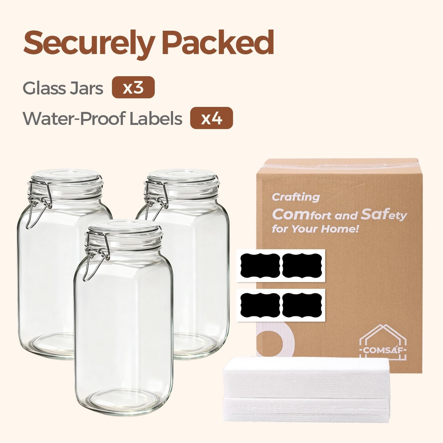 3 Pack Large Square Glass Jars with Airtight Lids, 78 oz, Wide Mouth