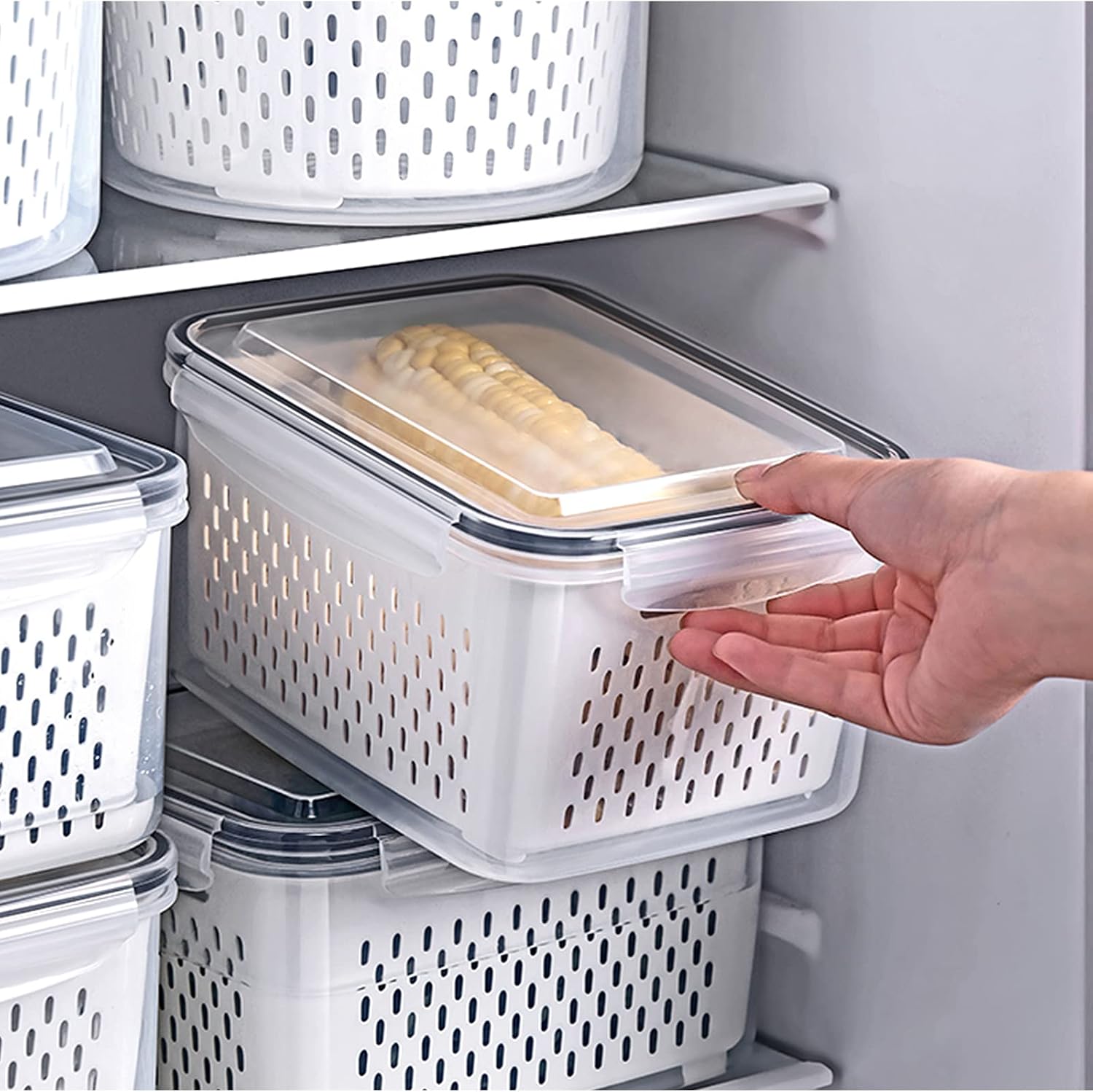 4 Pack Large Fridge Storage Containers with Strainer for Fruit and Vegetables