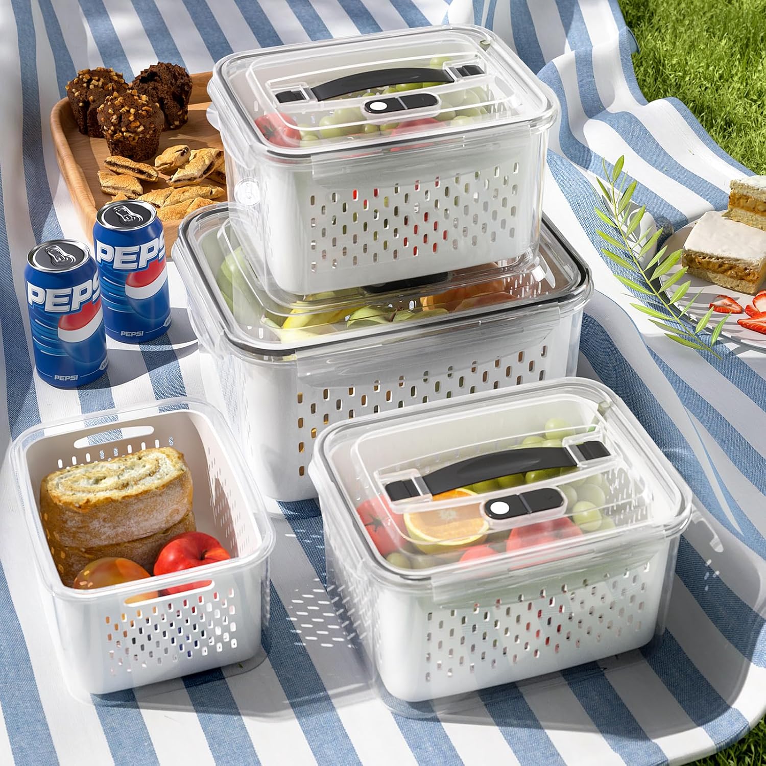 4 Pack Large Fridge Storage Containers with Strainer for Fruit and Vegetables