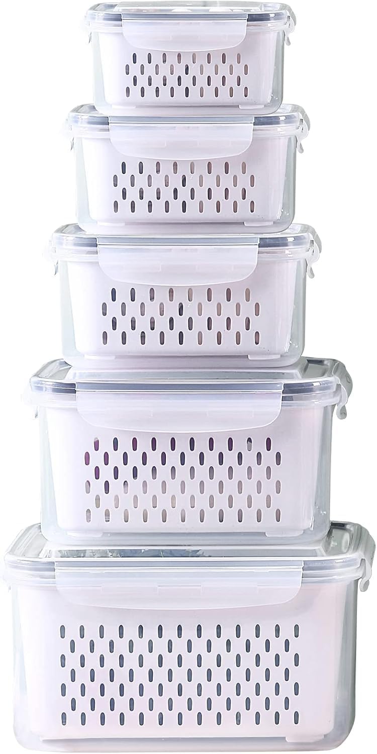 4 Pack Large Fridge Storage Containers with Strainer for Fruit and Vegetables
