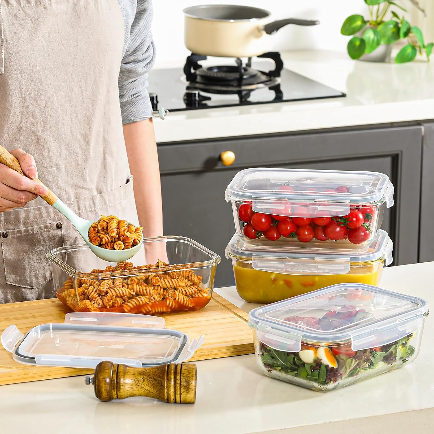 4 Pack Large Glass Storage Containers with Airtight Lids, 8 Cups, 63 oz