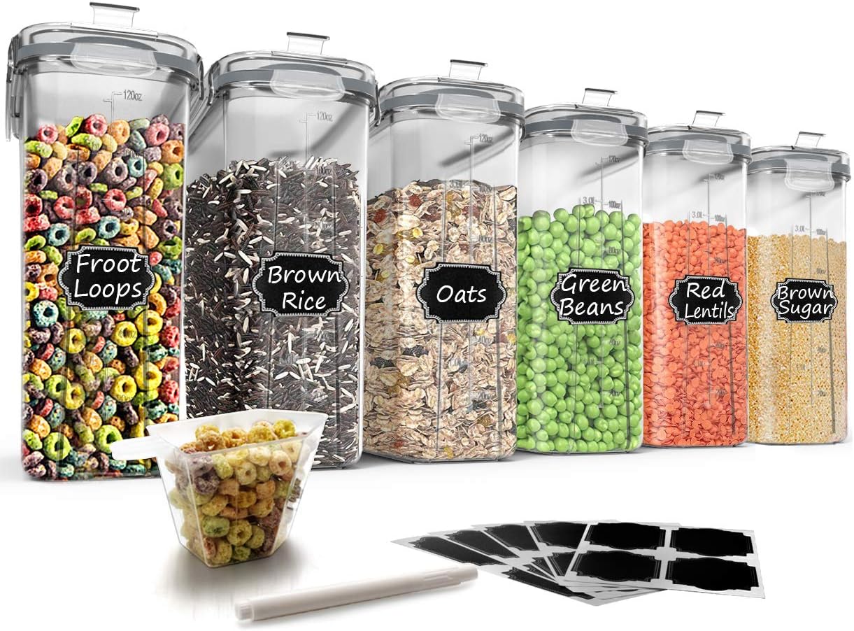 6 Piece Cereal Storage Container Set, 4 L, with 20 Labels and Marker, Black