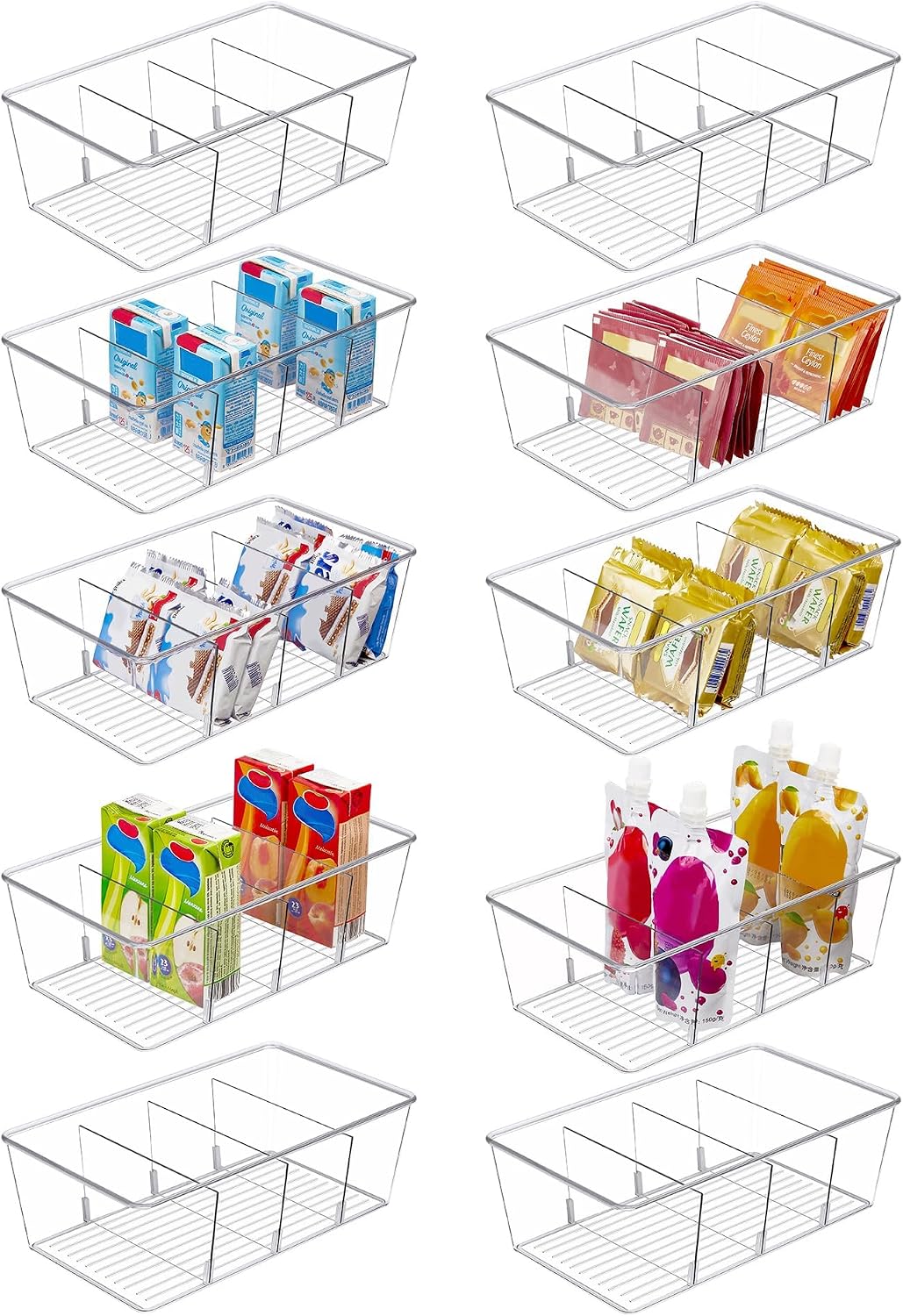 8 Pack Clear Pantry Organiser Bins with 4 Compartments