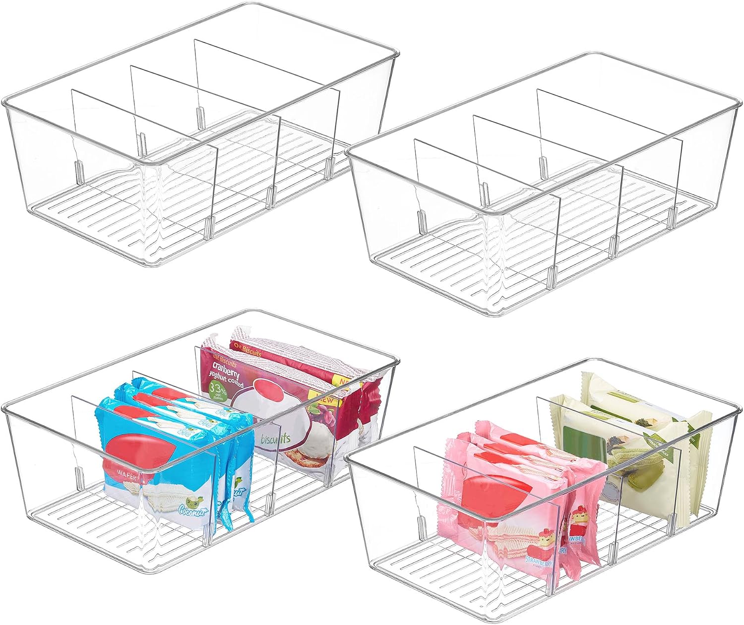 8 Pack Clear Pantry Organiser Bins with 4 Compartments
