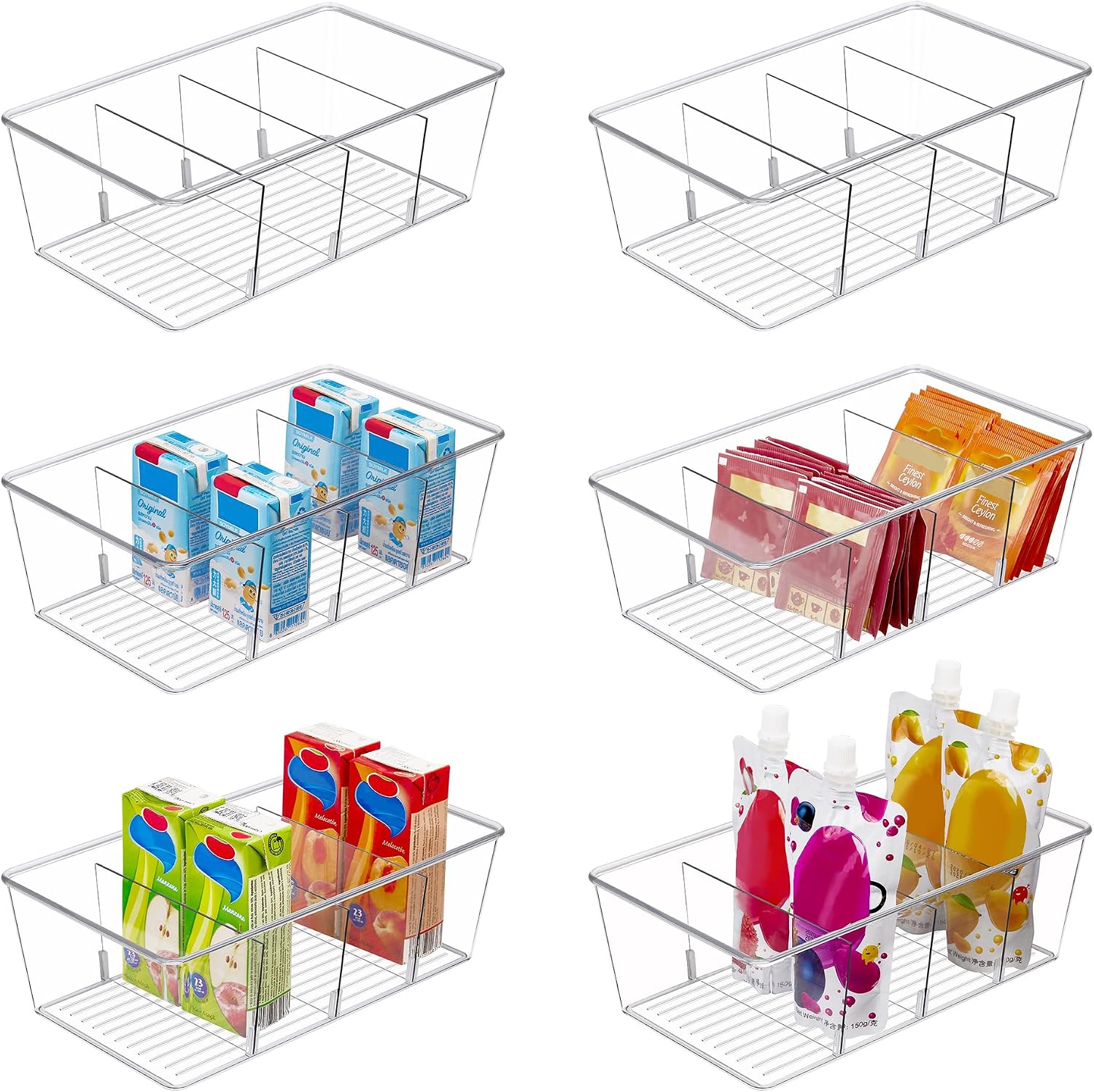 8 Pack Clear Pantry Organiser Bins with 4 Compartments