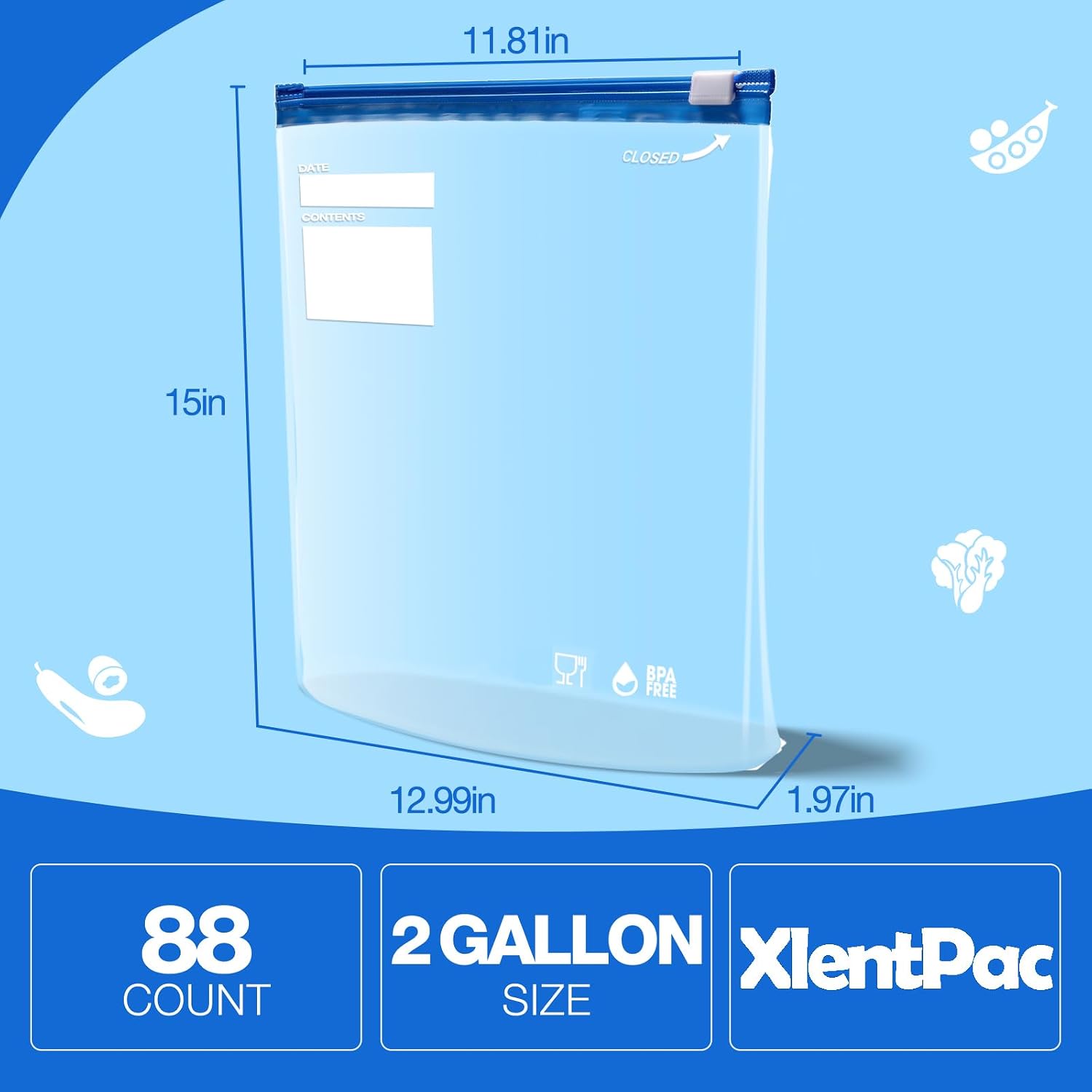 88 Count 2 Gallon Slider Storage Bags with Expandable Bottom
