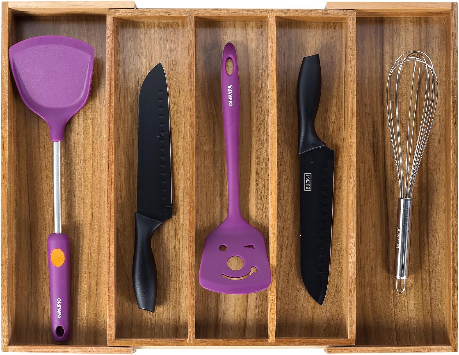 Expandable Bamboo Kitchen Drawer Organiser with 3 to 5 Adjustable Slots