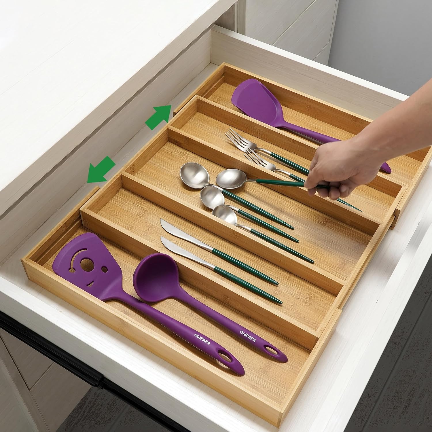 Expandable Bamboo Kitchen Drawer Organiser with 3 to 5 Adjustable Slots
