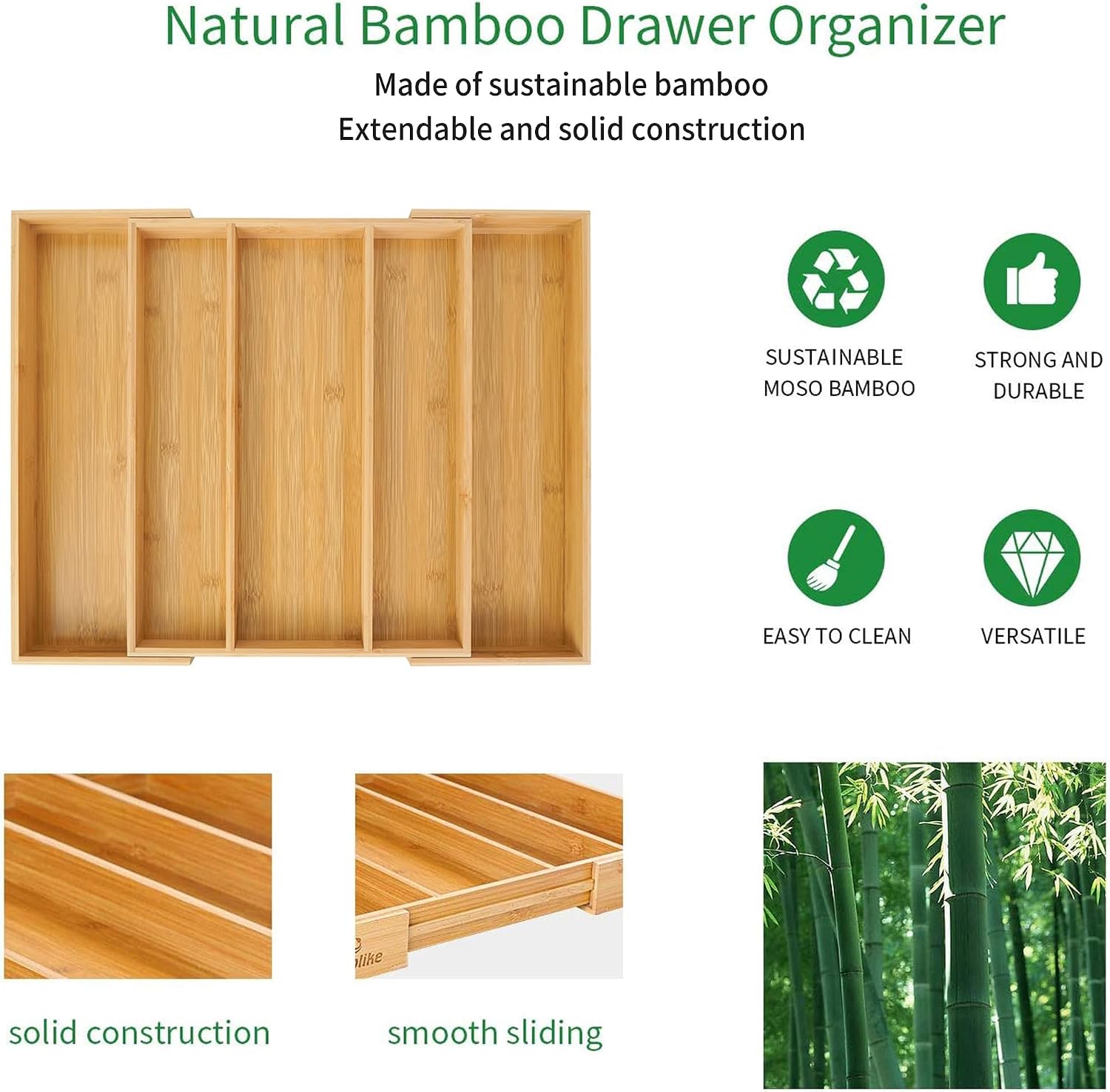 Expandable Bamboo Kitchen Drawer Organiser with 3 to 5 Adjustable Slots