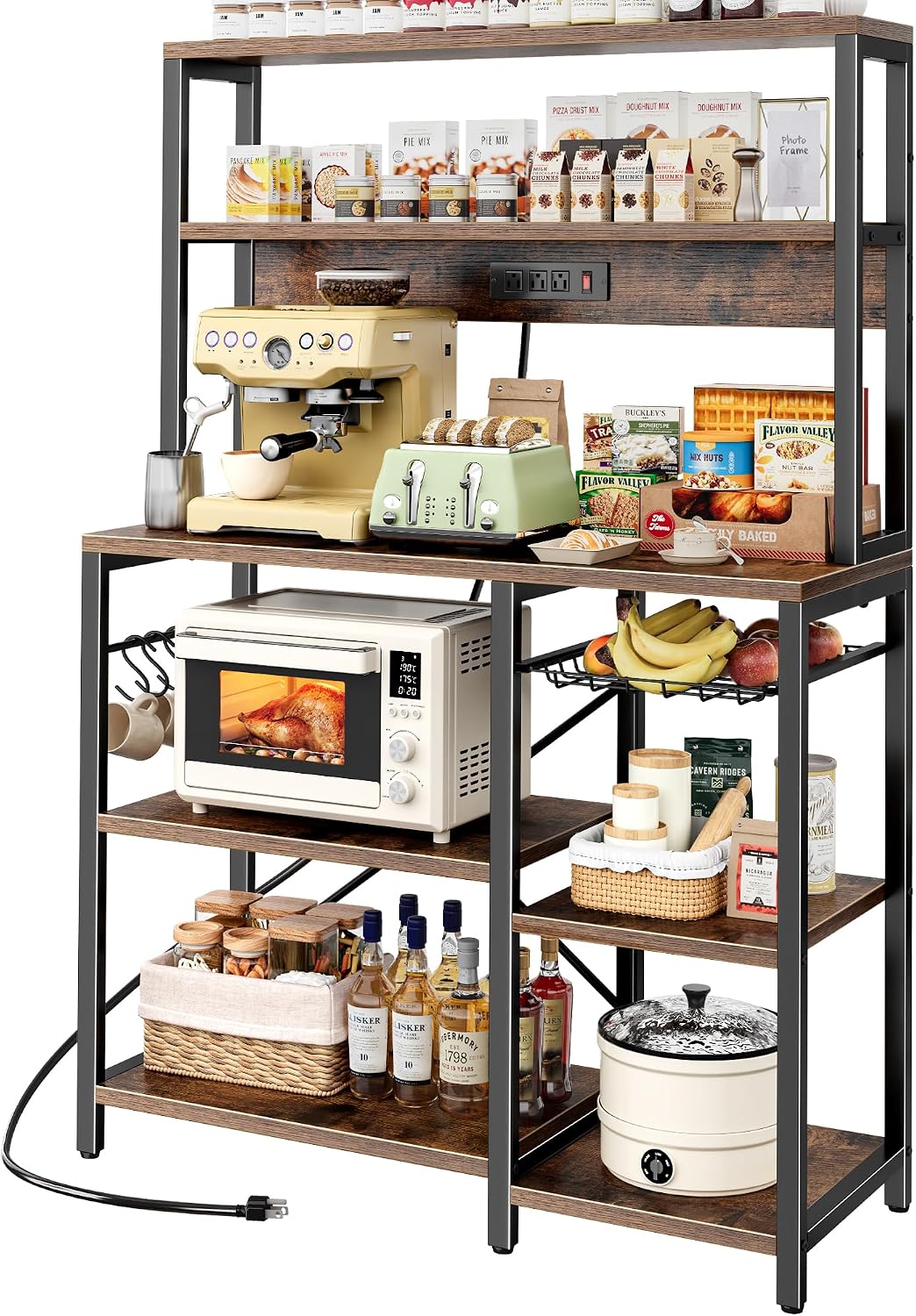 Rustic Brown Bakers Rack with Power Outlet