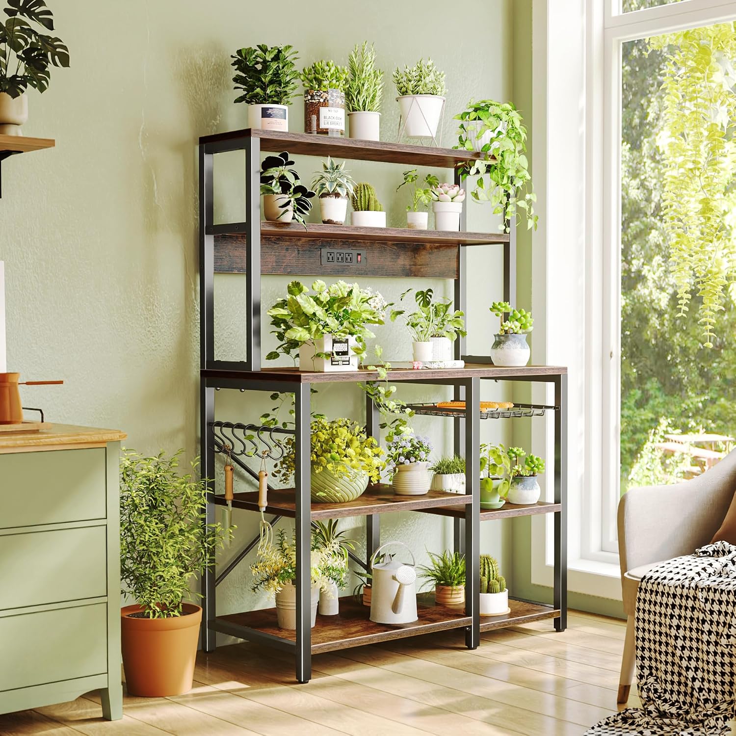 Rustic Brown Bakers Rack with Power Outlet - Image 8