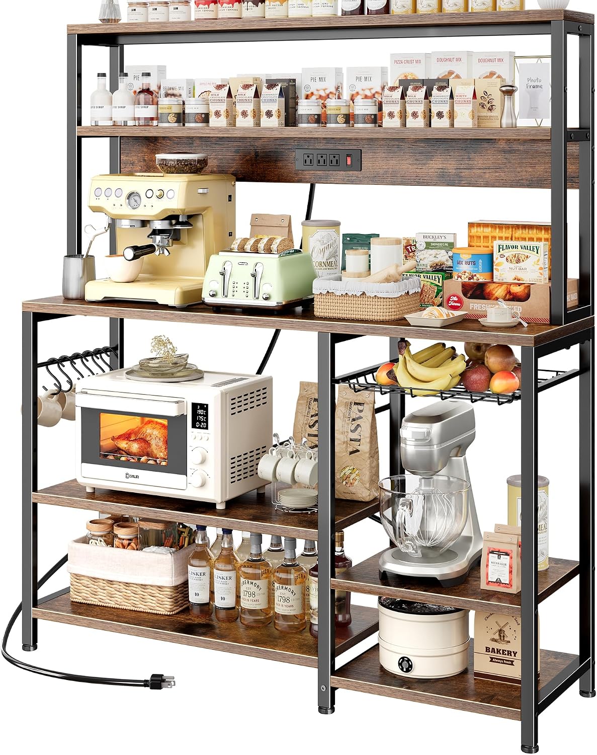 Rustic Brown Bakers Rack with Power Outlet - Image 9